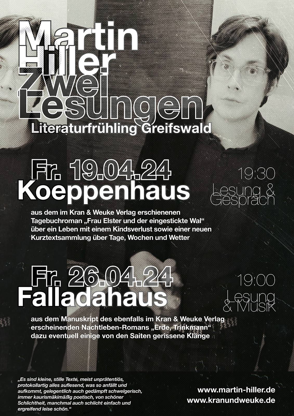 Plakat für zwei Lesungen von Martin Hiller zum Literaturfrühling Greifswald